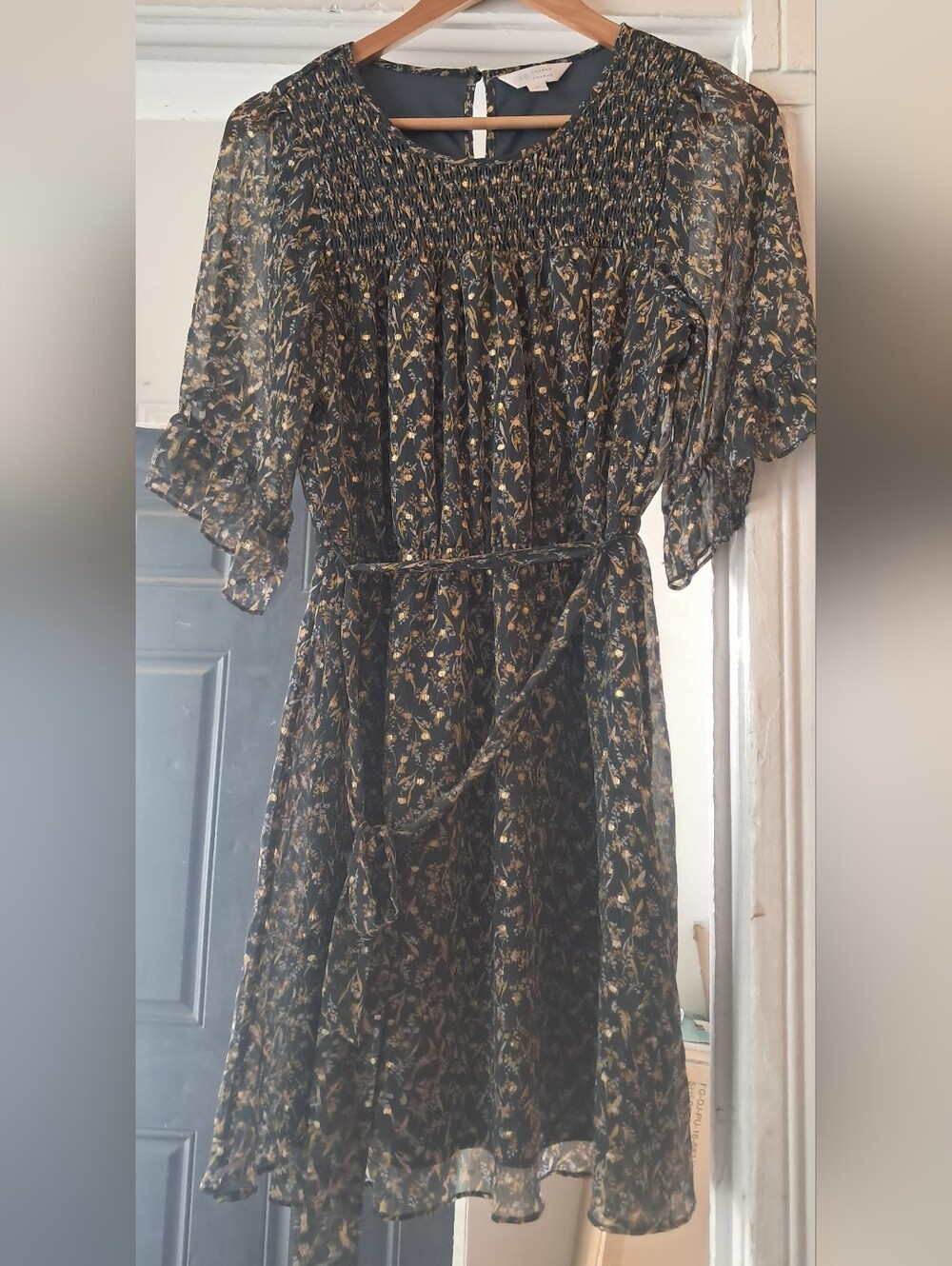 Lauren Conrad Floral Green With Gold Sparkles Dress